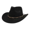 Clásico sombrero de vaquero de ante negro con cadena dorada, ideal para protección solar. - 58cm / Negro