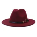Burgundy wool fedora hat with black leather belt and gold buckle, stylish autumn accessory. - Burgundy