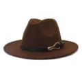 Brown felt fedora hat detail view showcasing classic wide flat brim and elegant leather strap. - Coffee