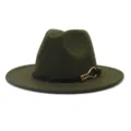 Dark green wool felt fedora hat with wide brim, black belt and gold horsebit buckle. - Army Green