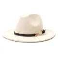 Wool felt fedora hat, wide flat brim winter jazz cap with leather belt and gold metal buckle. - Beige