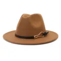Classic brown wool felt fedora hat with black leather strap and gold metal buckle for women. - Khaki