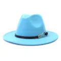 Light blue felt fedora hat detail, showing black leather belt and gold metal buckle trim. - Lake Blue