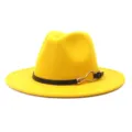 Yellow wool felt fedora hat with black belt buckle detail, wide flat brim winter hat. - Yellow