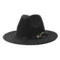 Black felt fedora hat with gold buckle detail, wide brim jazz cap for autumn and winter style. - Black