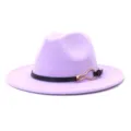 Detailed view of the elegant light purple woolen fedora hat with black belt and metal buckle. - Pink Purple
