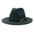 Dark green wool felt fedora hat with black belt and gold buckle for women autumn fashion. - Dark Green