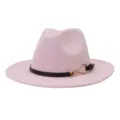 Pink wool fedora hat detail featuring a chic black leather strap and a shiny gold metal buckle. - Pink