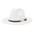 Detail view of the white wool felt fedora hat, featuring a sleek black strap and gold buckle. - White