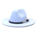 Detailed view of the light blue fedora hat with black leather strap and gold buckle detail. - Sky Blue