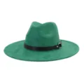 Green suede fedora hat detail featuring a black leather band and metal ring, classic stylish. - 58cm / Green