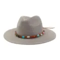 Chapeau de paille été homme femme, large bord chapeau de plage avec bande en pierre colorée. - Gris