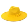 Chapeau feutre laine femme large bord avec noeud, elegante vue detail jazz jaune. - 58cm / Jaune