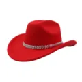 Roter Woll-Westernhut Detail, Strass-Blätter-Hutband, stilvoller Jazzhut Nahaufnahme. - Einheitsgröße / Rot