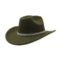 Detailaufnahme des grüne Wollfilzhutes mit funkelndem Strass-Blätterband für den perfekten Look. - Einheitsgröße / Armeegrün