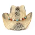 Detail de chapeau de cowboy en paille, motif peint avec bande de perles et de coquillages. - Taille unique / Corde à motifs violet coquille