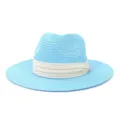 Close-up detail of light blue straw fedora hat with beige ribbon for sun protection. - 58cm / Lake Blue