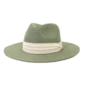 Detail view of the woven straw texture and beige pleated ribbon on the green fedora hat. - 58cm / Army Green