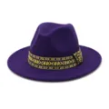 Purple felt fedora hat for men and women, wide flat brim jazz hat with ethnic woven band. - 58cm / Purple