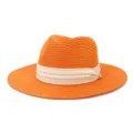 Detailed close-up of this vibrant orange straw fedora hat, featuring a stylish beige ribbon. - 58cm / Orange Yellow