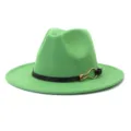 Close-up detail of the green felt fedora hat, featuring a stylish black belt and gold metal buckle. - Grass Green