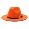 Autumn winter orange wool fedora hat with black leather strap and gold metal buckle detail. - Orange