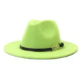 Bright green wool fedora hat with black belt and gold metal buckle for autumn winter fashion. - Fruit Green
