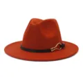 Autumn winter wool fedora hat wide flat brim jazz cap with black belt gold buckle - Rust Red