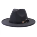 Dark grey wool felt fedora hat with black leather strap and gold buckle for women autumn fashion. - Dark Gray