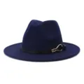 Dark blue fedora hat detail, elegant black leather strap with gold metal buckle accent. - Navy Blue