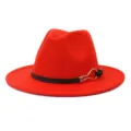 Red wool fedora hat for women men, wide flat brim jazz cap with black leather belt metal buckle. - Orange