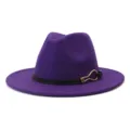 Purple wool fedora hat detail, featuring a sleek black leather belt and a chic gold buckle. - Purple