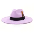 Purple suede fedora hat detail, wide brim with black band and feather accent for women. - M (56-58cm) / Light Purple