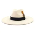 Beige suede fedora hat for women with black ribbon and feather detail, wide flat brim. - M (56-58cm) / Beige