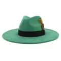 Green suede fedora hat detail, wide brim winter fashion hat with black band and feather accent. - M (56-58cm) / Green