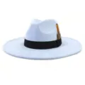 Light blue fedora hat closeup showing faux suede texture, black band, and elegant feather detail. - M (56-58cm) / Sky Blue