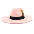 Women pink suede fedora hat with black ribbon and feather wide brim elegant fashion sun cap - M (56-58cm) / Dusky Pink