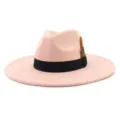Pink suede fedora hat for women with black band and feather decor wide brim gentleman cap - M (56-58cm) / Pink
