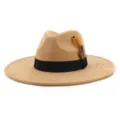 Women suede fedora hat with black ribbon and feather accent, wide flat brim sun hat. - M (56-58cm) / Camel