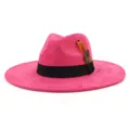 Pink suede fedora hat detail, wide brim design with black ribbon band and feather accent. - M (56-58cm) / Plum Red