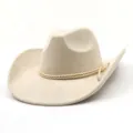 Close-up detail of beige faux suede cowboy hat featuring a braided rope band with metal tips. - Beige
