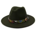 Sombrero fedora de lana verde oscuro con cinturón de serpiente colorido y hebilla dorada. - Verde Militar
