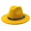 Yellow wool fedora hat with colorful pattern belt and metal buckle for autumn winter. - Yellow
