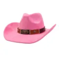 Pink suede cowboy hat with western bull buckle, perfect for fashion outdoor wear and parties. - Barbie Pink