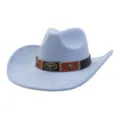Light blue suede cowboy hat detail showing bull skull metal buckle and leather band trim. - Sky Blue