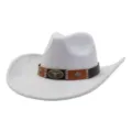 Grey faux suede cowboy hat detail featuring decorative leather band and metal bull skull emblem. - Light Gray