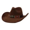 Brown suede cowboy hat detail, showing metal bull skull emblem and decorative leather hatband. - Coffee