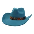 Blue faux suede cowboy hat detail, featuring a brown leather band with metal bull head ornament. - Peacock Dark Blue