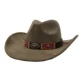 Brown suede cowboy hat with bull skull emblem, western style wide brim fedora for men and women. - Army Green