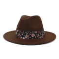 Sombrero Fedora de lana clásico para hombres y mujeres de ala ancha con cinta floral - 58cm / Café